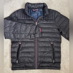 Tommy Hilfiger Men's Black Puffer Jacket with Red Accents